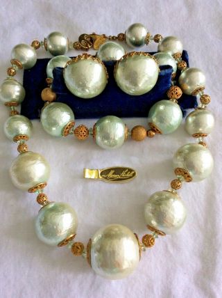 Seafoam Green Miriam Haskell Necklace Bracelet Earring Set With Cartouche Tag