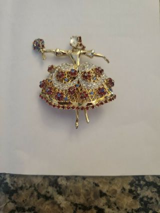Corocraft Ballerina Brooch Holding Bouquet Of Flowers.  White Red And Blue Stones