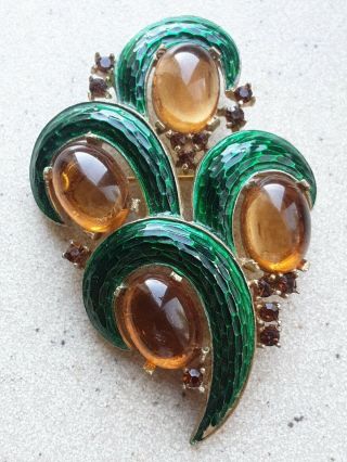 Trifari L Orient Green Enamel And Amber Glass Cabochon Pin