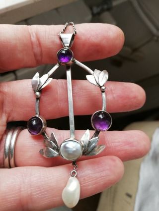 C1910 Arts And Crafts Silver Leaves,  Berries Pendant With Amethysts And Pearls