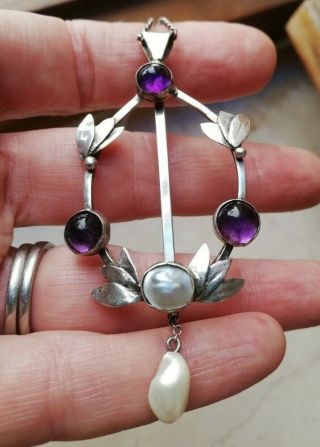 c1910 Arts and Crafts silver leaves,  berries pendant with amethysts and pearls 2