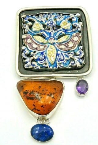 Akr Amy Kahn Russell Extra Large Sterling Amber Amethyst Lapis Pendant Brooch