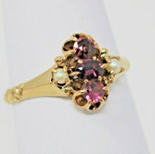 Late Victorian 10 Kt Yellow Gold Violet Gems & Seed Pearls Ring Size 6 1/2 B0048