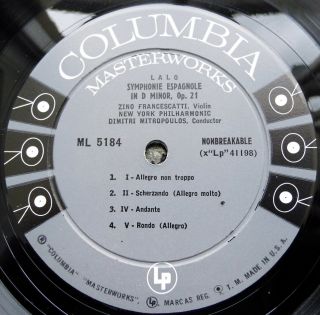 Lalo: Symphonie Espagnole - Francescatti Columbia 6 - Eye ML 5184 ED1 LP 3
