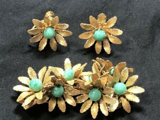 Miriam Haskell Gilt Baroque Green Peking Glass Flower Cluster Brooch & Earrings