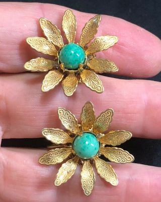 Miriam Haskell Gilt Baroque Green Peking Glass Flower Cluster Brooch & Earrings 2