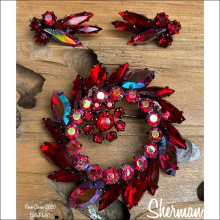 Sherman Wreath Brooch/earrings Siam,  Light Siam,  Siam Ab Japanned
