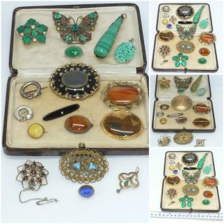 Joblot Mixed Art Deco Victorian Jewellery Agate Czech Jade Silver Brooch Pendant