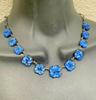 Signed Czech Bristol Blue Mirror Vauxhall Glass Forget Me Not Necklace Art Deco
