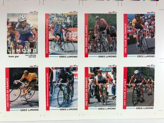 Tour De France Greg Lemond Trading Cards: Uncut Sheet Of 8 Cards From 1992 Rare