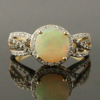 Solid 10k Yellow Gold 1.  90 Ct Opal.  26 Ctw Diamond Halo Estate Filigree Ring Nr