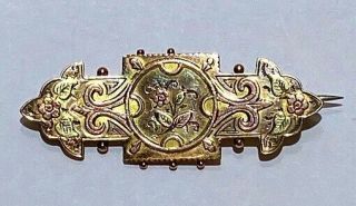 Victorian W.  C.  M 9kt Tri - Color Gold Pink Yellow & Green Bar Brooch C.  1892.