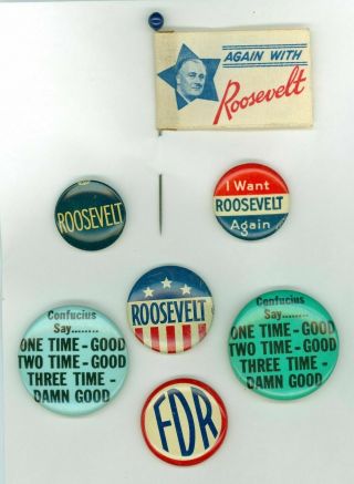 Vintage 1936 - 40 President Franklin Roosevelt Campaign Pinback Buttons & Flag Fdr