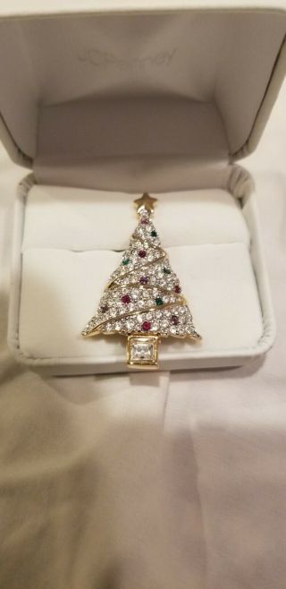 Swarovski Swan Signed Gold Tone Multi - Colored Crystals Christmas Tree Brooch