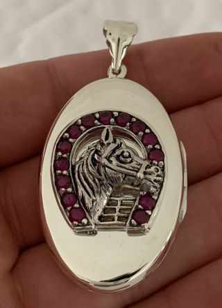 Solid Silver Large Ruby Lucky Horse Shoe Locket Pendant,  925