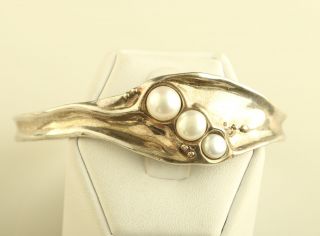 Vintage Sterling 925 Hg Hagit Gorali Israel Pearl Modernist Cuff Bracelet