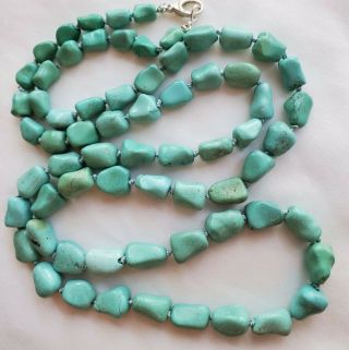 29 " Vtg Chinese Natural Turquoise Dogbone Nugget Bead Necklace - Sterling Clasp