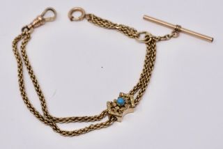 Antique Victorian Gold Filled & Persian Turquoise Slide Watch Chain Bracelet 7”