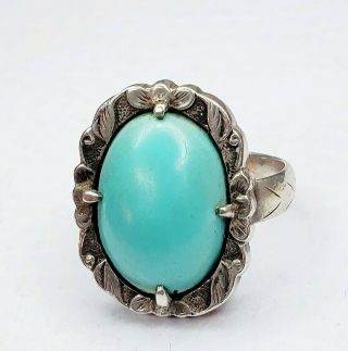 Antique Old Chinese Silver Export & Turquoise Cabochon Sterling Ring Size 6
