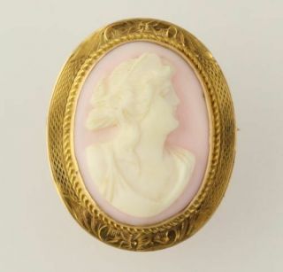 Vintage Carved Pink Shell Cameo Brooch / Pendant - 10k Yellow Gold Collectible