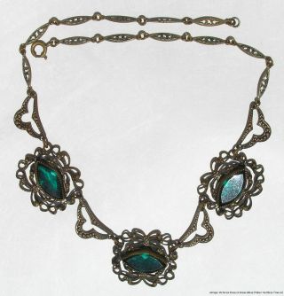Antique Victorian Brass & Green Glass Feminine Choker Necklace 16 " Length