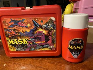 Vintage Mask Red Thermos Plastic Lunch Box With Thermos 1985 M.  A.  S.  K.  Rhino