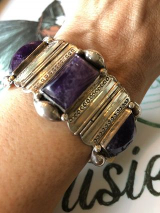 Vintage Mexico 925 Sterling Silver Large Amethyst Hinged Panel Chunky Bracelet