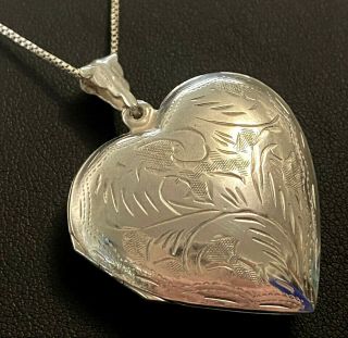 Large Vintage Estate Sterling Silver Hand Carved Heart Locket Necklace 33 "
