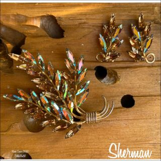 Sherman “leaf”brooch/earrings Light Smoked Topaz/colorado Ab Gold Plate.