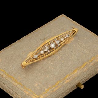 Antique Vintage Art Deco 14k Gold 900 Platinum Diamond Seed Pearl Bar Pin Brooch