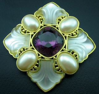 Ysl Yves St Laurent Art Nouveau Frosted Faux Pearl Amethysts Maltese Cross Pin