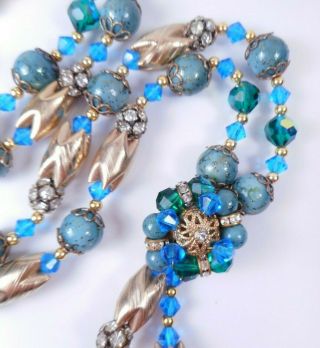 Vtg Signed Miriam Haskell Blue Green Ab Rhinestone Cluster Pendant Necklace