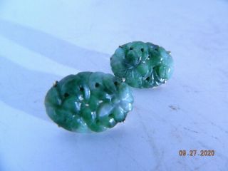 Antique Old Chinese Carved Jade Jadeite Gilded Sterling Silver Earrings,  C 1900