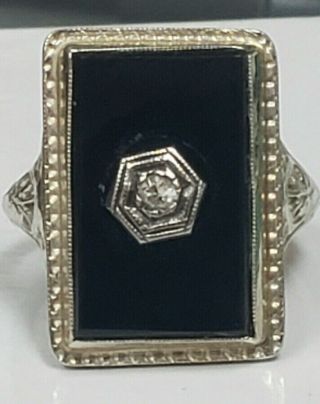 1920s 14k White Gold Filigree Long Black Onyx European Diamond Size 5 Ring 3.  1gm