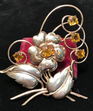 Antique Art Nouveau Sterling Silver And Citrine Flower / Floral Pin Or Brooch