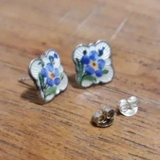 Vintage David - Andersen Of Norway Enamel Silver Earrings Blue Flower Guilloche