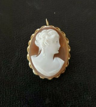 Antique Vintage Cameo Pendant Pin Brooch Solid 14k Yellow Gold Carved Shell 4.  1g