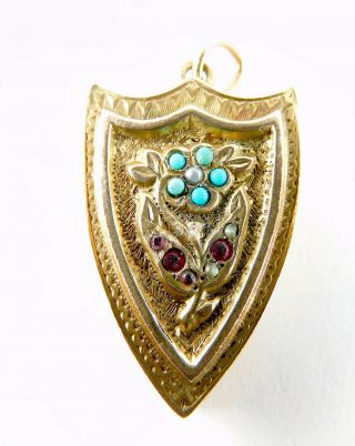 Victorian 9ct Gold B&f Shield Shaped Locket Turquoise & Seed Pearl Forget - Me - Not