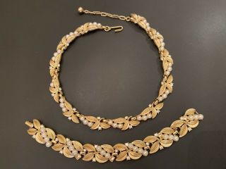 Vintage Crown Trifari Golden Faux Pearl Rhinestone Leaf Necklace & Bracelet Set