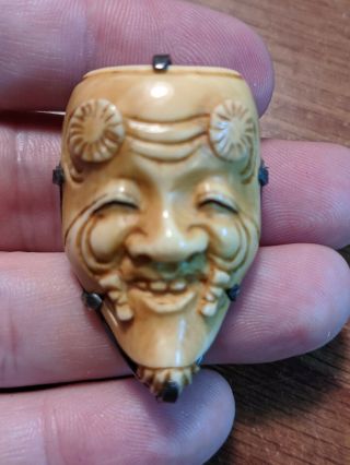 Antique Vintage Japan Carved Figural Face Pin Brooch Asian Signed Estate