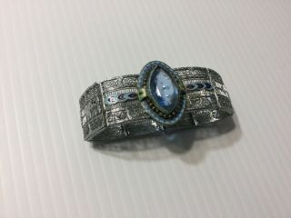 Vtg Art Deco Silver Filigree Bracelet Large Blue Rhinestone Pearls Enamel Trim