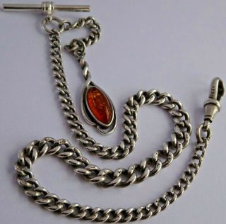 Fabulous Victorian Solid Silver Pocket Watch Albert Chain W Silver & Amber Fob