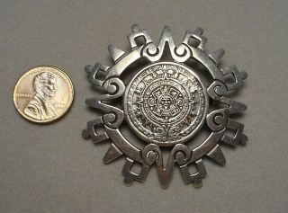 Old Taxco Mexican Sterling Silver Aztec Calendar Brooch Pin Pendant Eagle 3 Mark