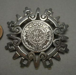 Old Taxco Mexican Sterling Silver Aztec Calendar Brooch Pin Pendant Eagle 3 Mark 2