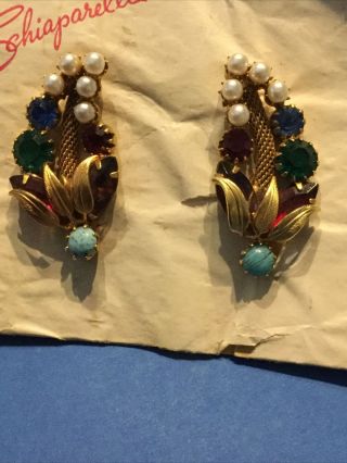 Vintage Schiaparelli Clip Earrings Faux Pearl Rhinestone Gold Tone Rareorig Card