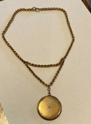 Antique Victorian Gold Filled Diamond Engraved Locket Necklace