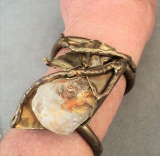 Vtg Signed Dutras Modernist Brutalist Cuff Bracelet Huge Crystal In Folded Brass
