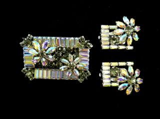 Rectangular Sherman Brooch And Earrings Set With Flowers Aurora Borealis