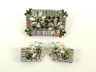 Rectangular Sherman Brooch and Earrings set with Flowers aurora borealis 2