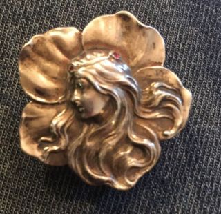 Vintage Silver (900) Art Nouveau Watch Pin Lady W/rubies In Hair